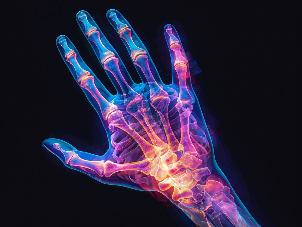 X-ray în culori neon al unei mâini, ilustrând ideea că artrita poate duce la depresie deoarece bolile se influențează reciproc.