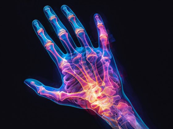 X-ray în culori neon al unei mâini, ilustrând ideea că artrita poate duce la depresie deoarece bolile se influențează reciproc.