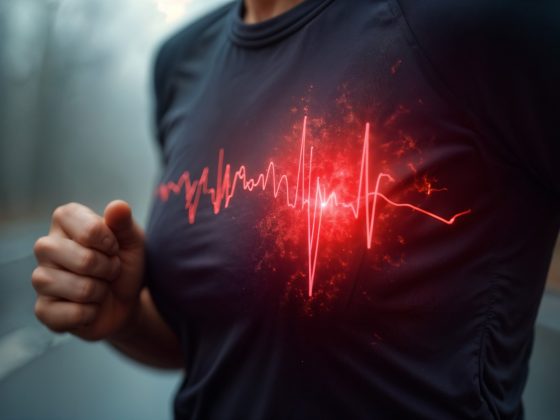 Ilustrație medicală care prezintă o tensiune arterială oscilantă, cu variații vizibile între valorile sistolice și diastolice, influențate de stres și efort.