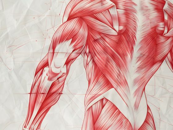 Imagine schematică a musculaturii umane evidențiind pierderea masei musculare la vârstnici și fragilitatea musculară asociată vârstei a treia.