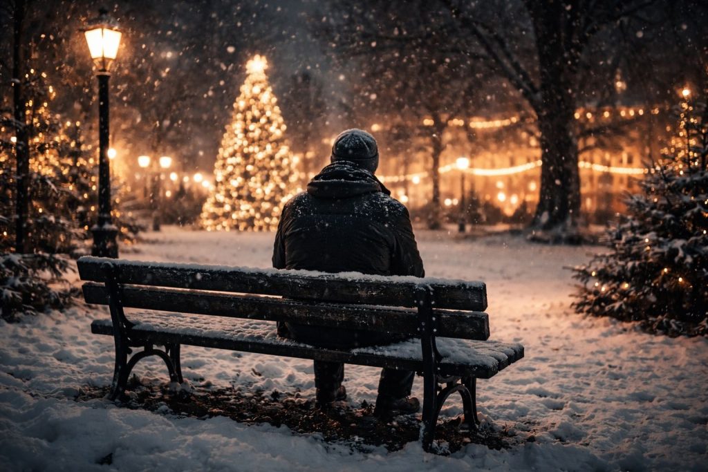 Vârstnic singur în timpul sărbătorilor, simbol al izolării sociale și al impactului emoțional și psihologic pe care singurătatea îl are asupra sănătății mintale în perioada festivă.