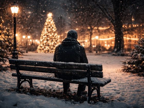 Vârstnic singur în timpul sărbătorilor, simbol al izolării sociale și al impactului emoțional și psihologic pe care singurătatea îl are asupra sănătății mintale în perioada festivă.