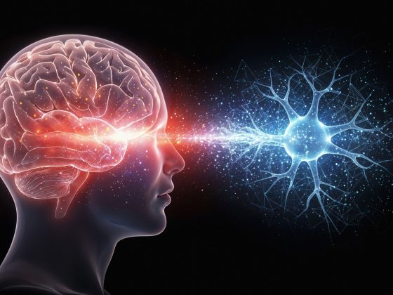 Ilustrație a comunicării dintre creier și neuroni, implicată în reglarea emoțiilor și în procese asociate cu nevroza.