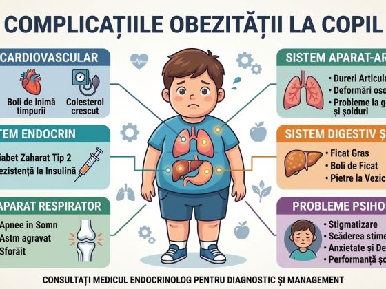 Infografic educațional despre riscurile asociate cu obezitatea la copil și impactul acesteia asupra organismului.