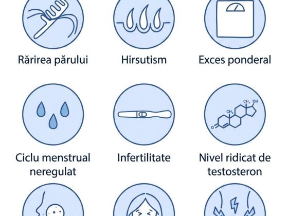 Ilustrație schematică ce prezintă simptomele frecvente ale PCOS (Sindromul Ovarelor Polichistice), inclusiv menstruații neregulate, acnee persistentă, creștere păr corporal și dificultăți de slăbire.