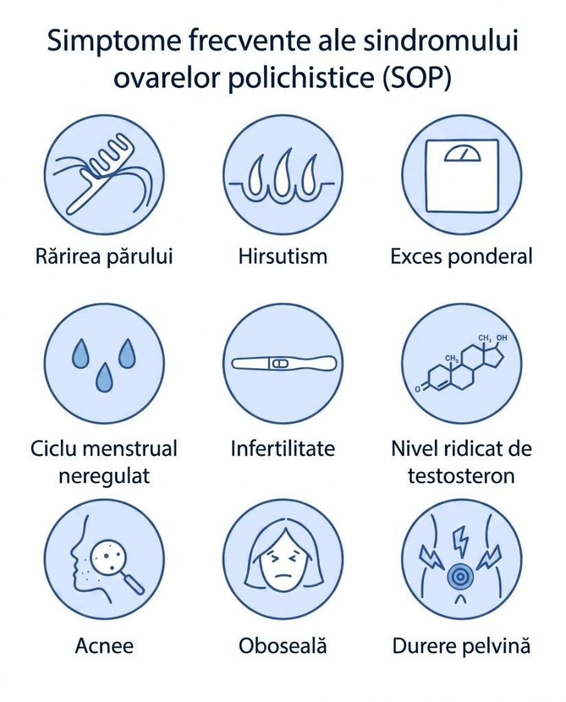 Ilustrație schematică ce prezintă simptomele frecvente ale PCOS (Sindromul Ovarelor Polichistice), inclusiv menstruații neregulate, acnee persistentă, creștere păr corporal și dificultăți de slăbire.