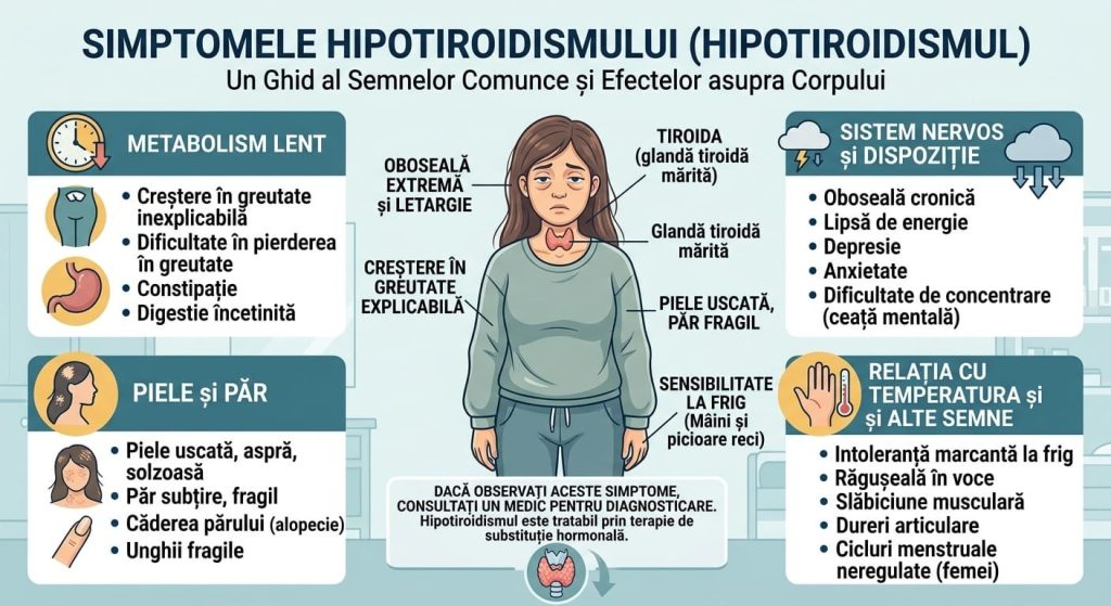 Infografic despre simptome frecvente în tiroidita Hashimoto și hipotiroidism, inclusiv oboseală, creștere în greutate, sensibilitate la frig și dificultăți de concentrare