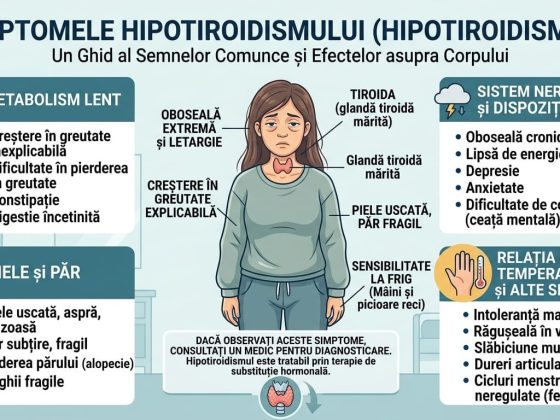 Infografic despre simptome frecvente în tiroidita Hashimoto și hipotiroidism, inclusiv oboseală, creștere în greutate, sensibilitate la frig și dificultăți de concentrare