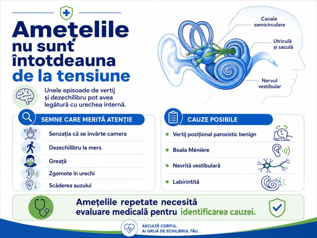 Infografic medical despre amețelile, vertijul și afecțiunile urechii interne care pot provoca dezechilibru și simptome confundate cu tensiunea arterială.
