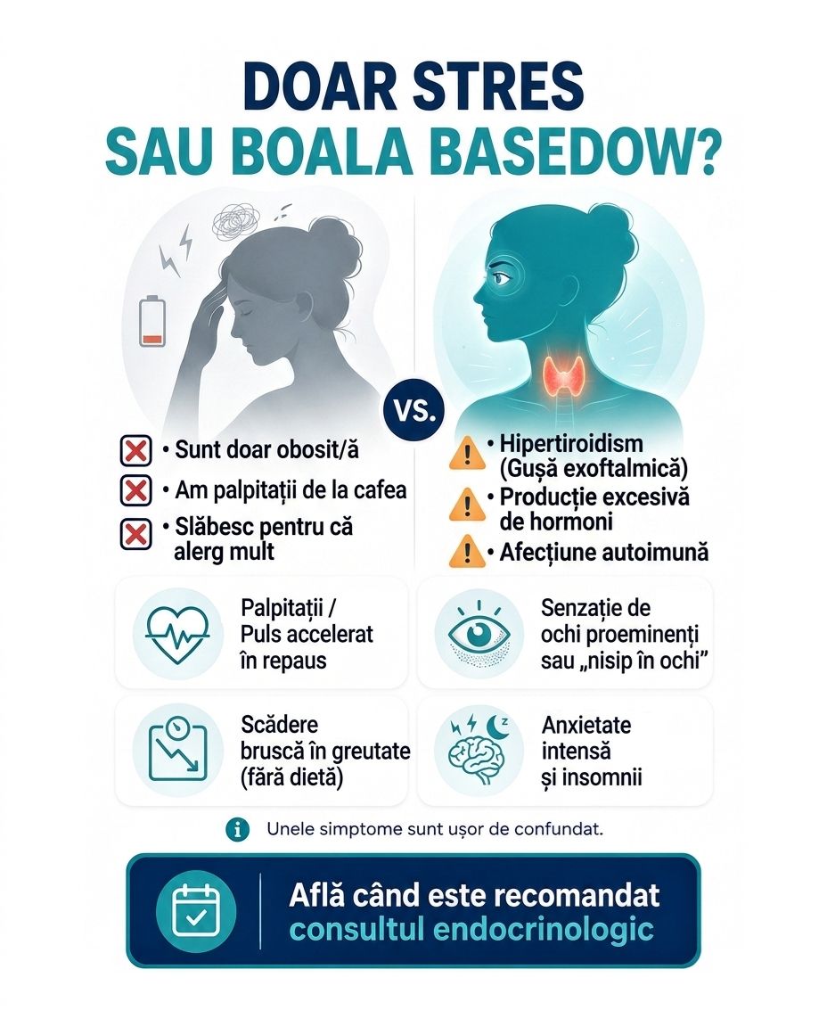 Infografic despre boala Basedow (gușa exoftalmică), cu simptome precum palpitații, insomnii, anxietate și scădere în greutate