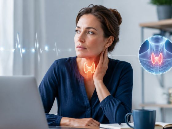 Imagine medicală reprezentând boala Basedow (gușa exoftalmică), o afecțiune tiroidiană asociată cu hipertiroidism și simptome precum palpitații și modificări oculare