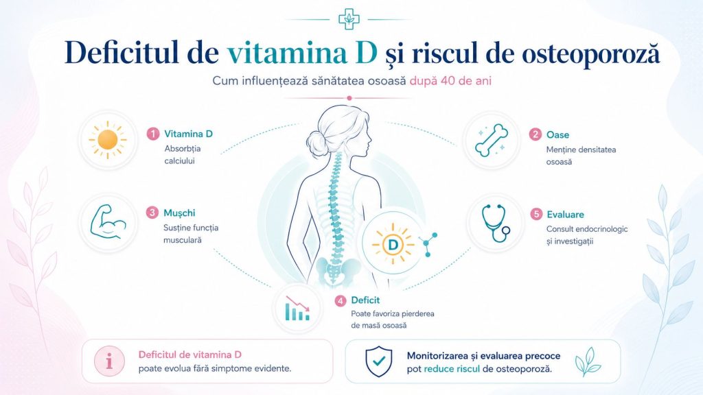 Infografic despre legătura dintre deficitul de vitamina D, sănătatea osoasă și riscul de osteoporoză la femei după 40 de ani