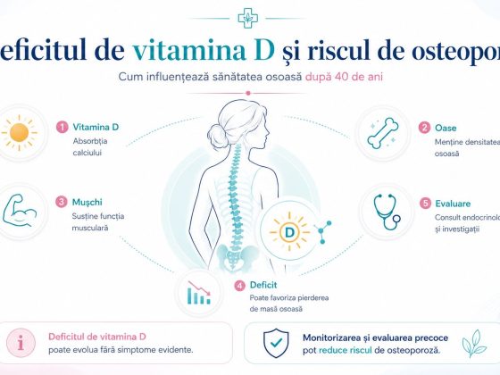 Infografic despre legătura dintre deficitul de vitamina D, sănătatea osoasă și riscul de osteoporoză la femei după 40 de ani