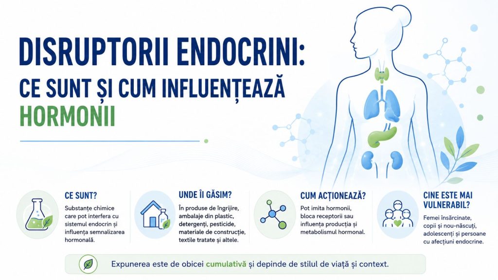 Infografic despre disruptorii endocrini, ce sunt, unde se găsesc și cum pot influența echilibrul hormonal