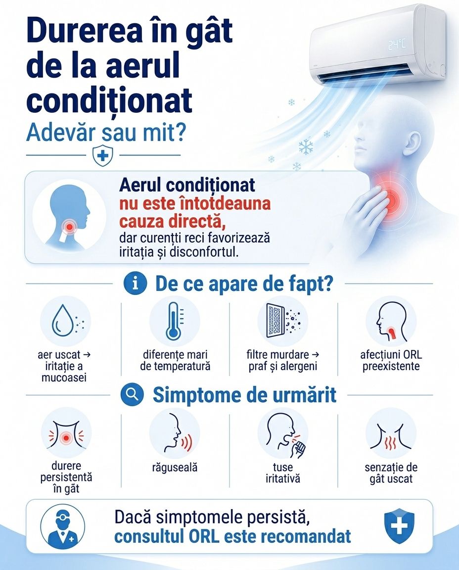 Infografic medical despre legătura dintre aerul condiționat și durerea în gât, cu explicații privind cauzele, simptomele și situațiile în care este recomandat un consult ORL.