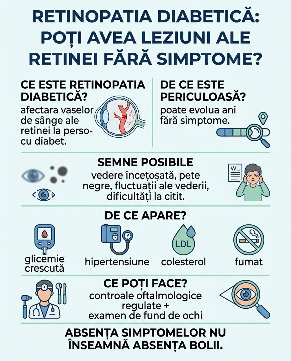 Infografic despre retinopatia diabetică care prezintă cauzele, simptomele și importanța examenului de fund de ochi