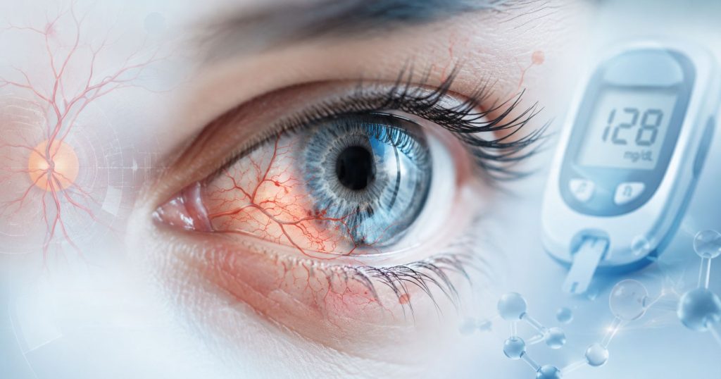 Ochi uman cu reprezentare a retinei afectate în retinopatia diabetică și vase de sânge modificate