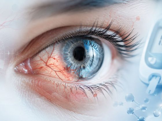 Ochi uman cu reprezentare a retinei afectate în retinopatia diabetică și vase de sânge modificate