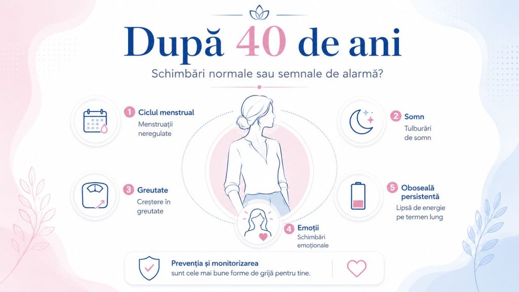 Infografic despre sănătatea femeii după 40 de ani, cu schimbări hormonale, tulburări de somn, ciclu menstrual neregulat și importanța consultului ginecologic.