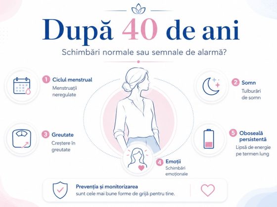 Infografic despre sănătatea femeii după 40 de ani, cu schimbări hormonale, tulburări de somn, ciclu menstrual neregulat și importanța consultului ginecologic.