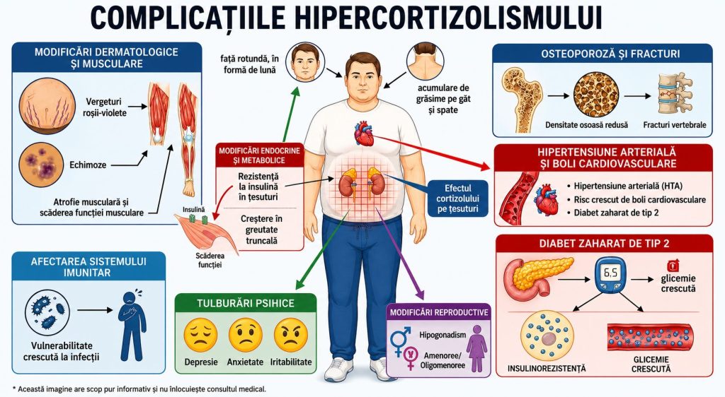Infografic despre sindromul Cushing care prezintă simptomele principale, inclusiv oboseală, creștere în greutate și modificări hormonale.