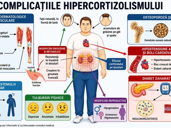 Infografic despre sindromul Cushing care prezintă simptomele principale, inclusiv oboseală, creștere în greutate și modificări hormonale.
