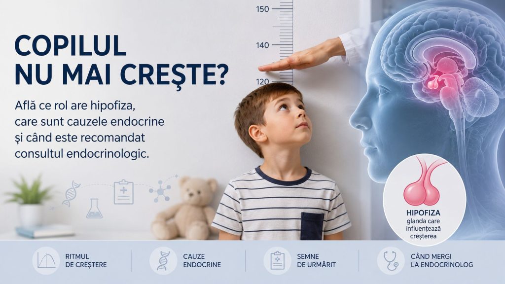 Imagine medicală care ilustrează ce rol are hipofiza în creșterea copilului și evaluarea tulburărilor de creștere.