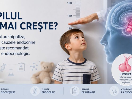 Imagine medicală care ilustrează ce rol are hipofiza în creșterea copilului și evaluarea tulburărilor de creștere.