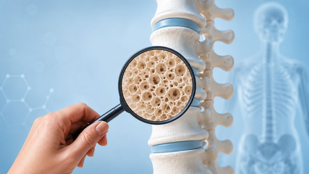 Evaluare reumatologică a densității osoase și a riscului de osteoporoză, cu imagine detaliată a structurii interne a osului și a coloanei vertebrale