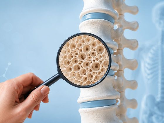 Evaluare reumatologică a densității osoase și a riscului de osteoporoză, cu imagine detaliată a structurii interne a osului și a coloanei vertebrale