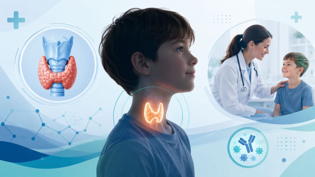 Ilustrație medicală cu evidențierea glandei tiroide în cazul hipotiroidismului la copii