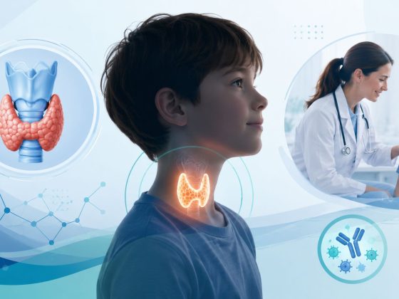 Ilustrație medicală cu evidențierea glandei tiroide în cazul hipotiroidismului la copii