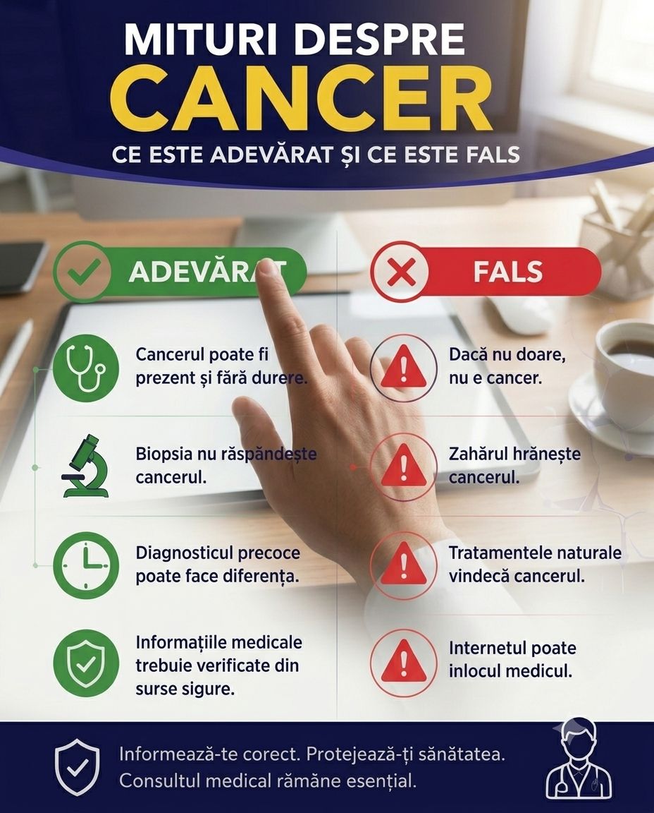 Infografic medical care compară cele mai răspândite mituri despre cancer cu informațiile medicale corecte.