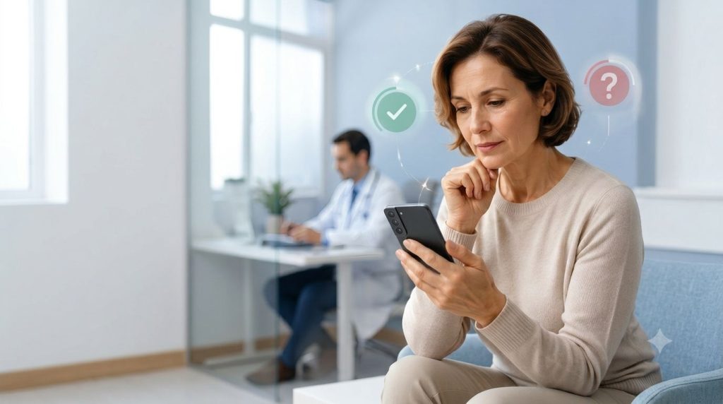 Persoană care verifică informații despre cancer pe telefon într-un cabinet medical, simbolizând diferența dintre informațiile corecte și miturile despre cancer.