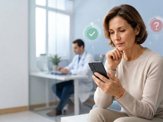 Persoană care verifică informații despre cancer pe telefon într-un cabinet medical, simbolizând diferența dintre informațiile corecte și miturile despre cancer.