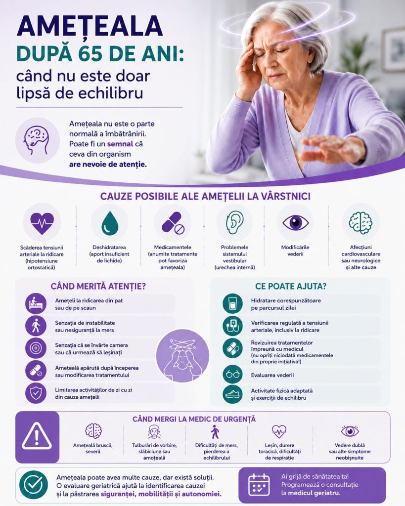 Infografic despre amețeala după 65 de ani, cauzele posibile, simptomele de alarmă și importanța evaluării medicale
