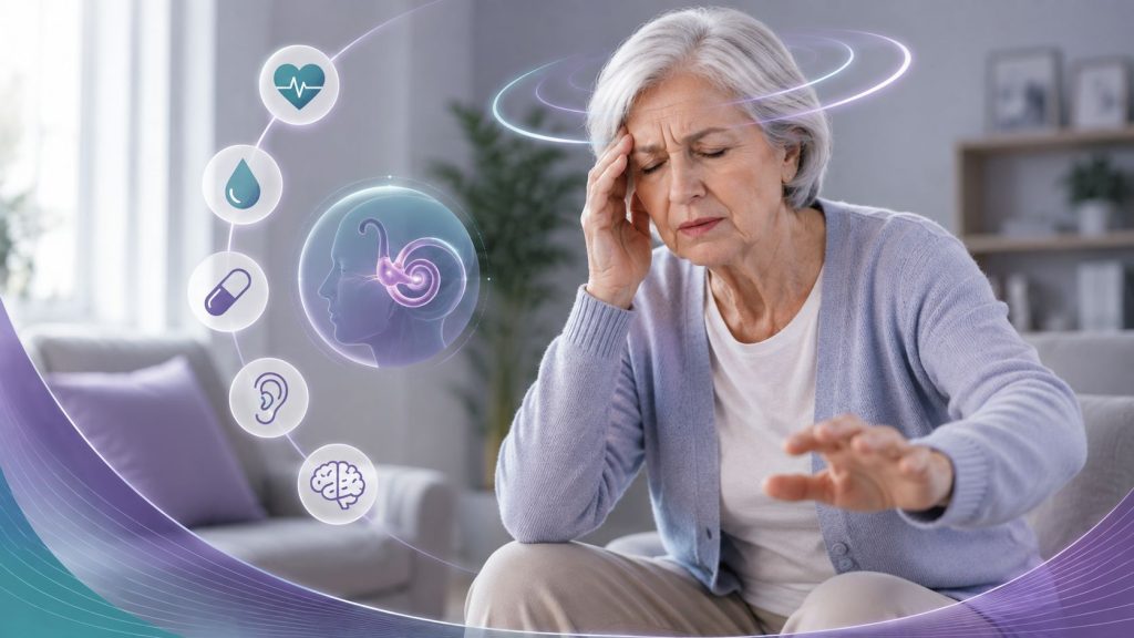 Imagine medicală ilustrativă cu o femeie în vârstă utilizată pentru articol cu tema: Amețeala la vârstnici