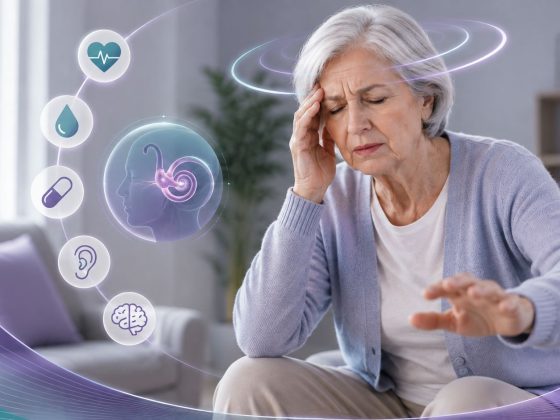 Imagine medicală ilustrativă cu o femeie în vârstă utilizată pentru articol cu tema: Amețeala la vârstnici