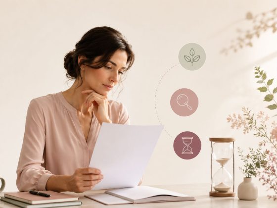 Femeie care analizează un rezultat medical, ilustrând evaluarea și monitorizarea unui chist ovarian