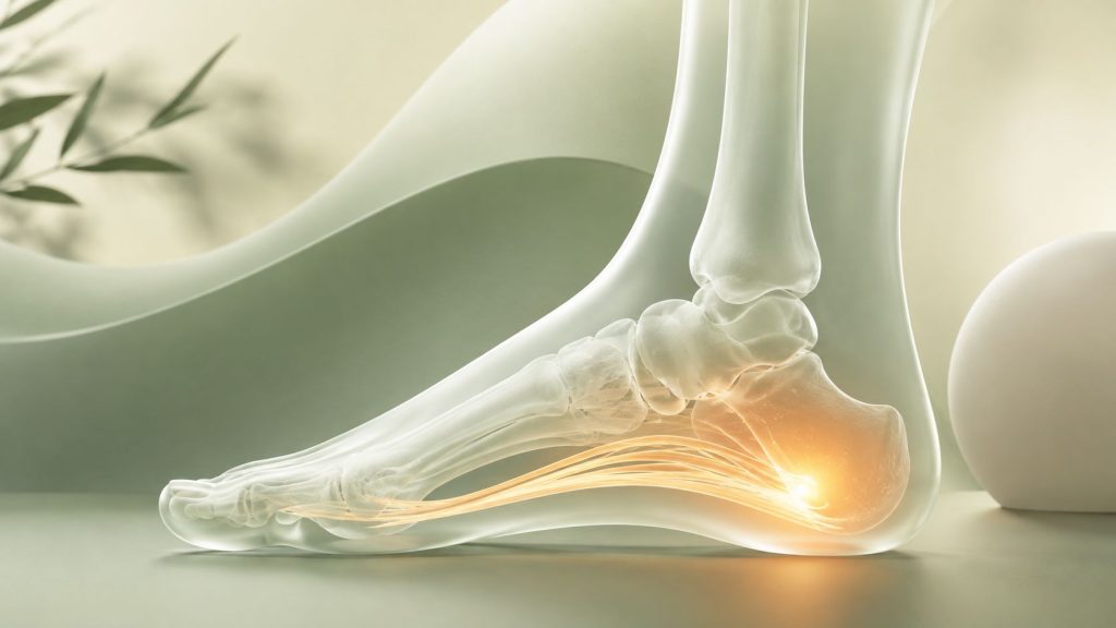 Ilustrație medicală 3D a fascitei plantare, evidențiind fascia plantară și zona în care apare durerea de călcâi.