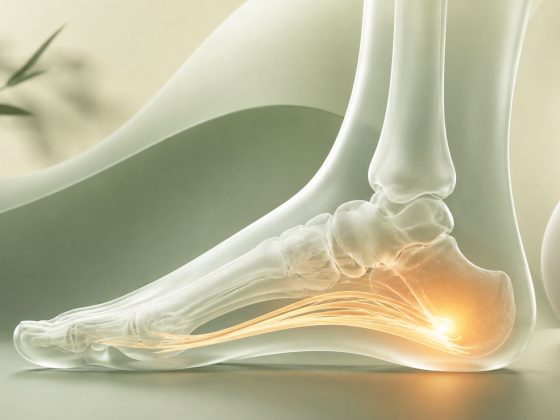 Ilustrație medicală 3D a fascitei plantare, evidențiind fascia plantară și zona în care apare durerea de călcâi.