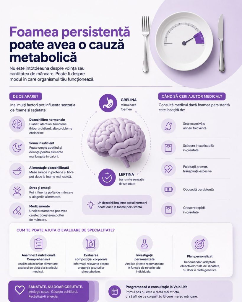 Infografic despre foamea persistentă, cauzele și factorii care influențează foamea și sațietatea