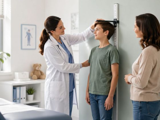 Copil evaluat de medic pentru creșterea în înălțime asociată cu gigantismul