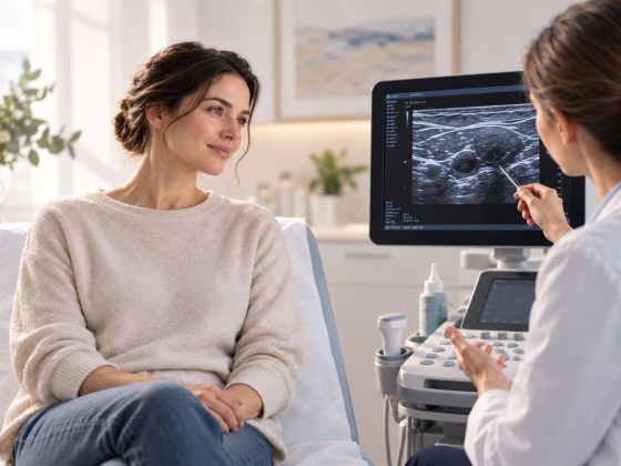 Pacientă discutând cu medicul despre rezultatul unei ecografii mamare pentru evaluarea unui nodul la sân.