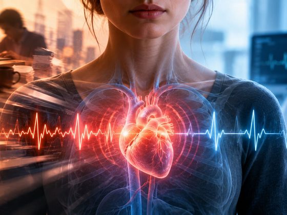 Femeie cu zona inimii evidențiată, între un mediu asociat stresului și un cadru cardiologic cu traseu ECG. Imagine conceptuală pentru diferența dintre palpitațiile de la stres și cele care necesită evaluare cardiologică