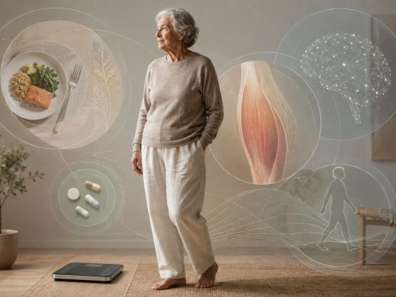 Femeie vârstnică lângă un cântar, cu elemente grafice despre alimentație, medicamente, masă musculară, memorie și mobilitate. Imagine editorială despre scăderea în greutate la vârstnici.