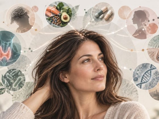 Femeie cu păr lung, înconjurată de elemente grafice care sugerează tiroida, nutriția, medicamentele, stresul, scalpul și alți factori ai căderii părului. Hashimoto nu explică automat orice alopecie.