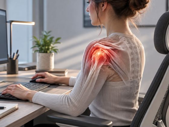 Femeie la birou cu zona umărului evidențiată anatomic și o zonă de inflamație. Imagine conceptuală despre durerea de umăr.
