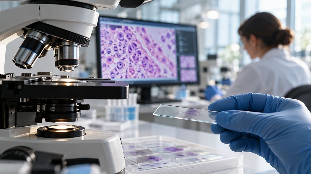 Specialist de laborator examinează o lamă histologică la microscop, în timp ce pe monitor este afișată o imagine microscopică a țesutului.