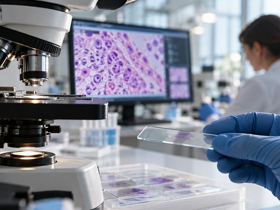 Specialist de laborator examinează o lamă histologică la microscop, în timp ce pe monitor este afișată o imagine microscopică a țesutului.